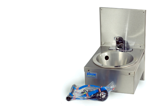 Constructed from stainless steel 304 grade.
Code: WHBI
Vision's Hands Free Hand Wash Sink is supplied with cold/hot water mixer, electronic tap no-touch activation, this works by means of batteries or mains power  (from 40 to 50,000 activations) with a 15 second water flow.
This comes complete with sink, shroud, and splash back, waste, plug and over flow (32 mm waste outlet). 
Dimensions:
300mm (W) x 360mm (D) x 500mm (H) (including splash back)
